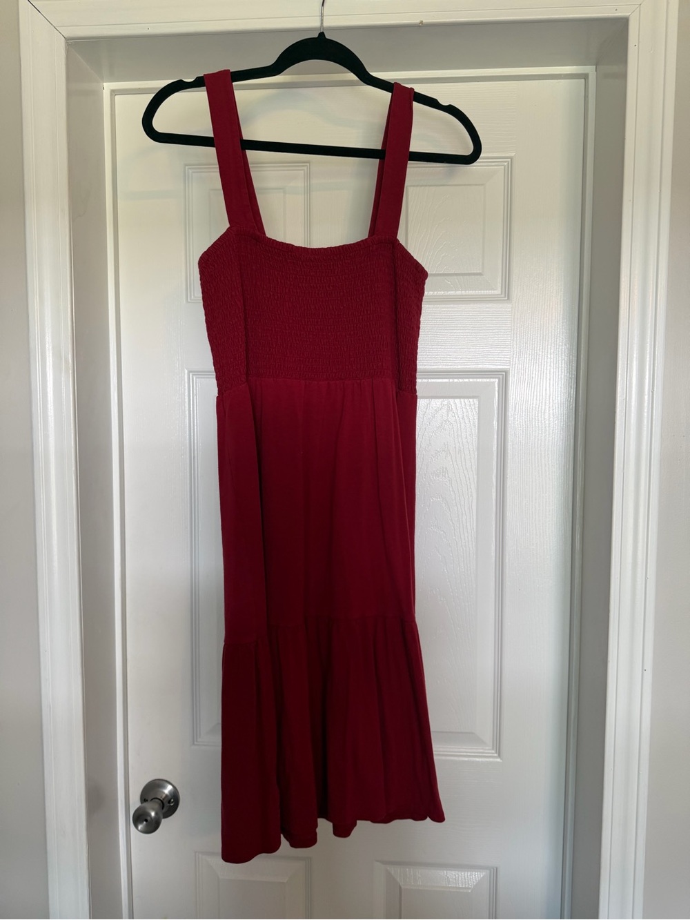 LOFT Red Smocked Square-Neck Midi Dress